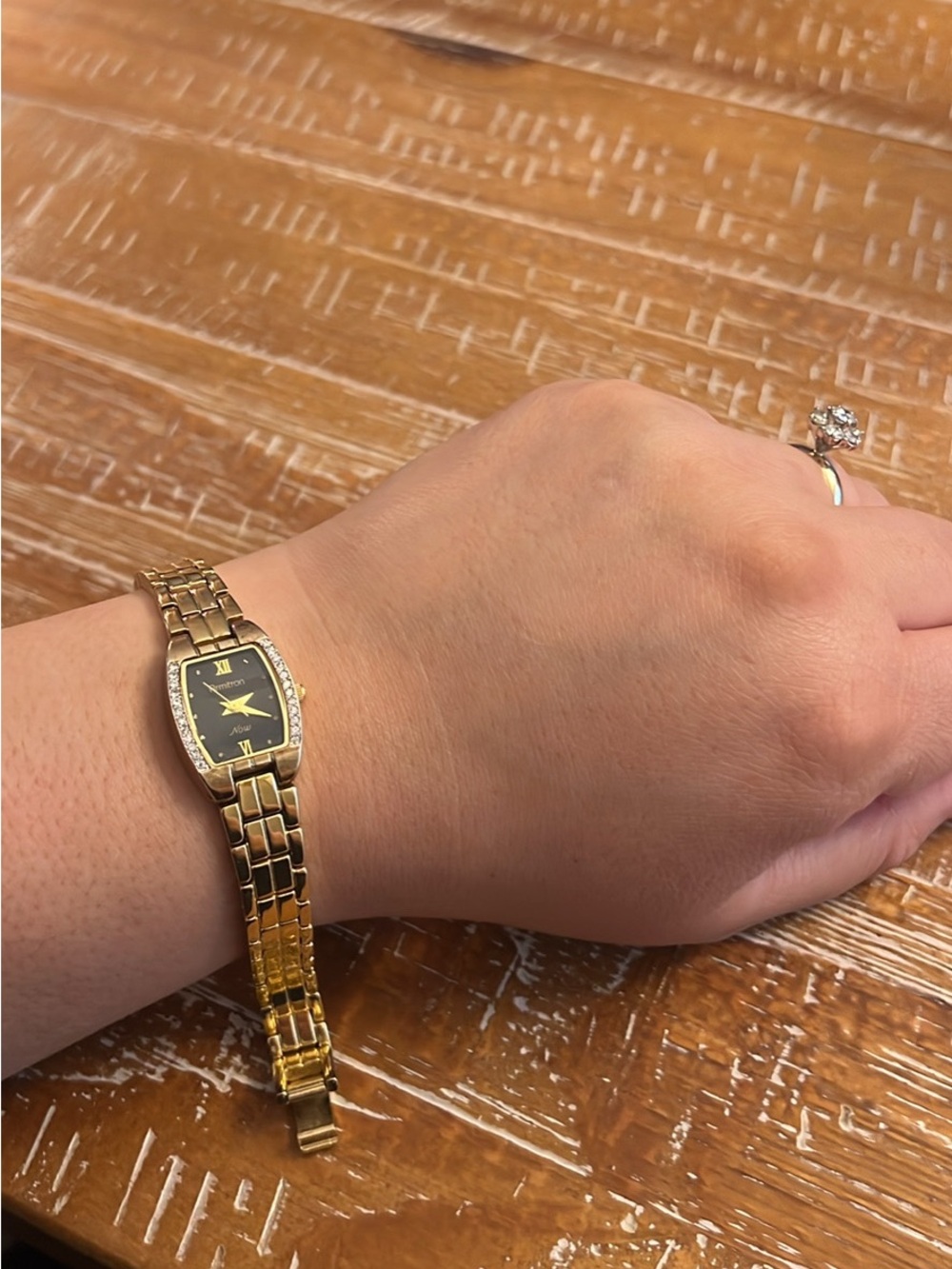 Armitron Gold Tone Watch with Black Dial and Crystal Accents